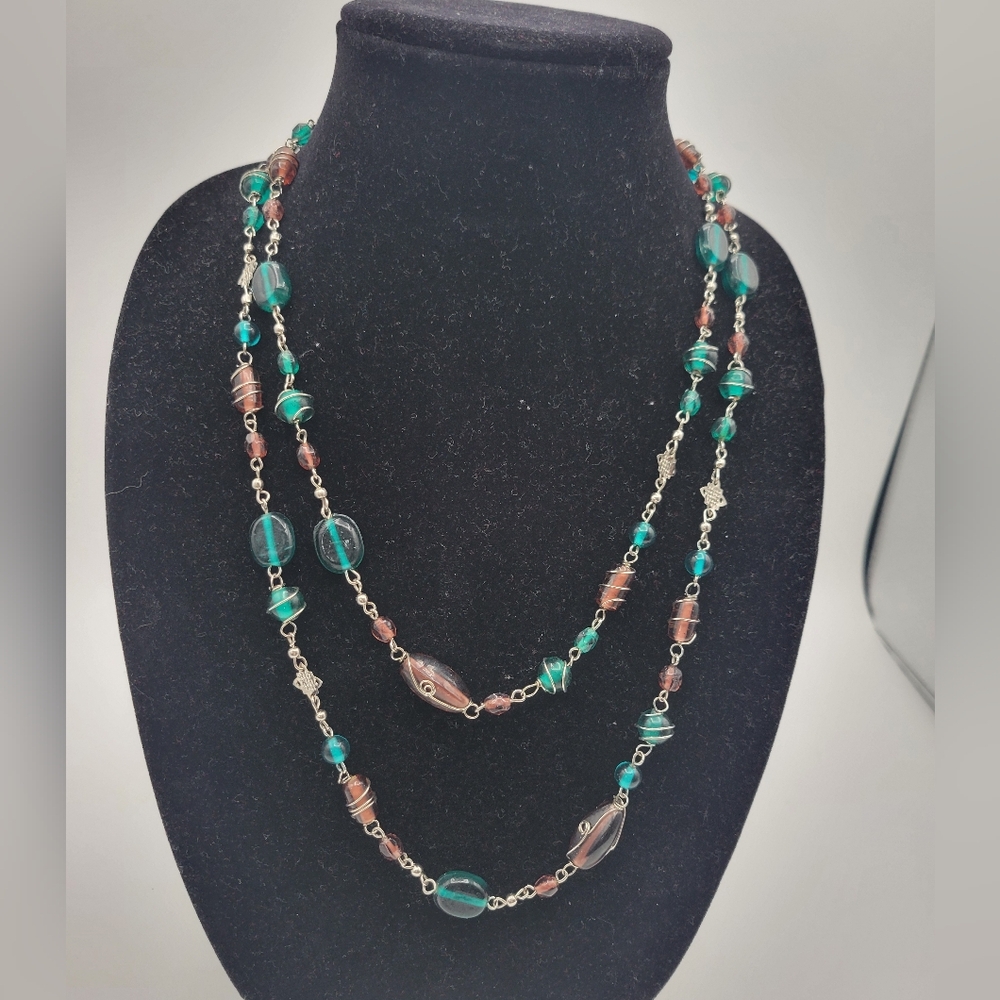 Artisan Glass Long beaded Wire wrapped Necklace
